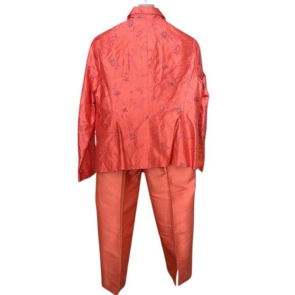 Rafael Petite Silk Embroidered Jacket Blouse Peck & Peck Silk Pants Set Coral 14 - Picture 2 of 13